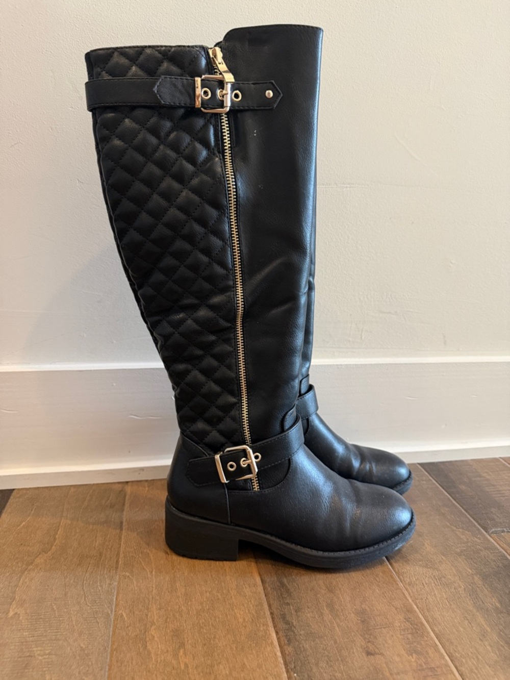 Quilted Over-the-Knee Black Boots with Gold Hardware